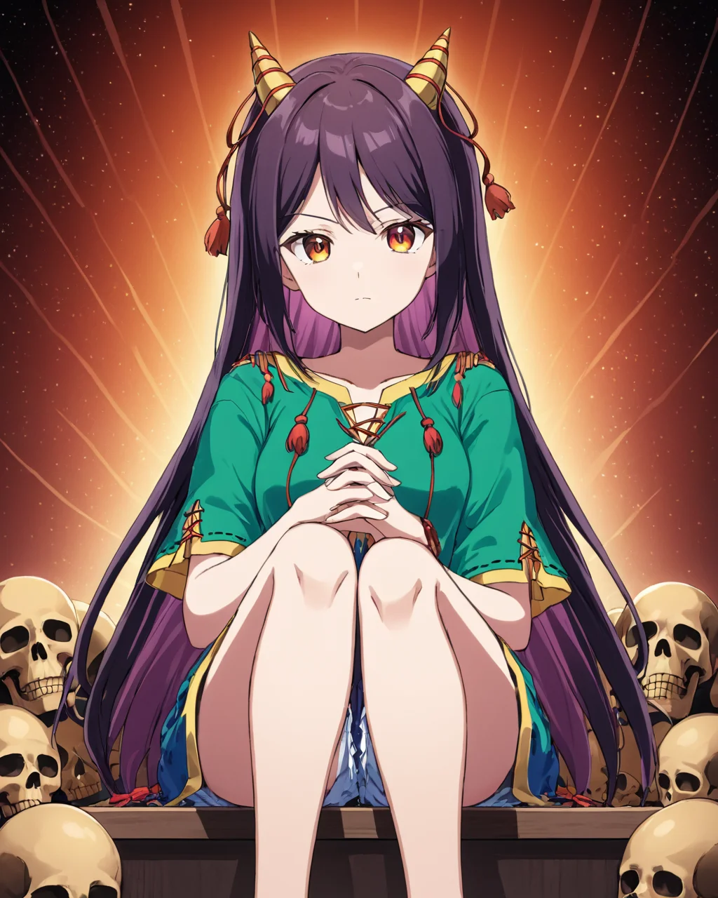 nippaku zanmu,1girl, solo, horns, skull, sitting, looking_at_viewer
<lora:nippaku_zanmu_image235_2023-12-20:1>,star-shaped_pupils,symbol-shaped_pupils,. gorgeous,key visual, vibrant, studio anime,award-winning, professional, highly detailed,high budget, cinemascope