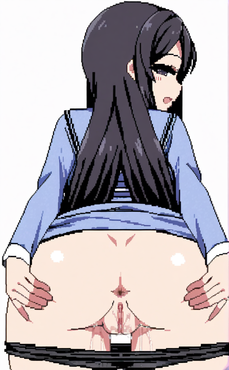 character: Kanae (å¶ç»), character: Kanae (å¶ç») clothes3, pixel art, 1girl, solo, simple background, white background, from behind, looking back, looking at viewer, open mouth, black eyes, black hair, long hair, pussy, pussy juice, uncensored, spread ass, grabbing own ass, black panties, panty pull, blue pajamas, ass focus<lora:summer memories v8.3 (å¤æè£æ­£ååå¾ç¿»è½¬)-000005:1>