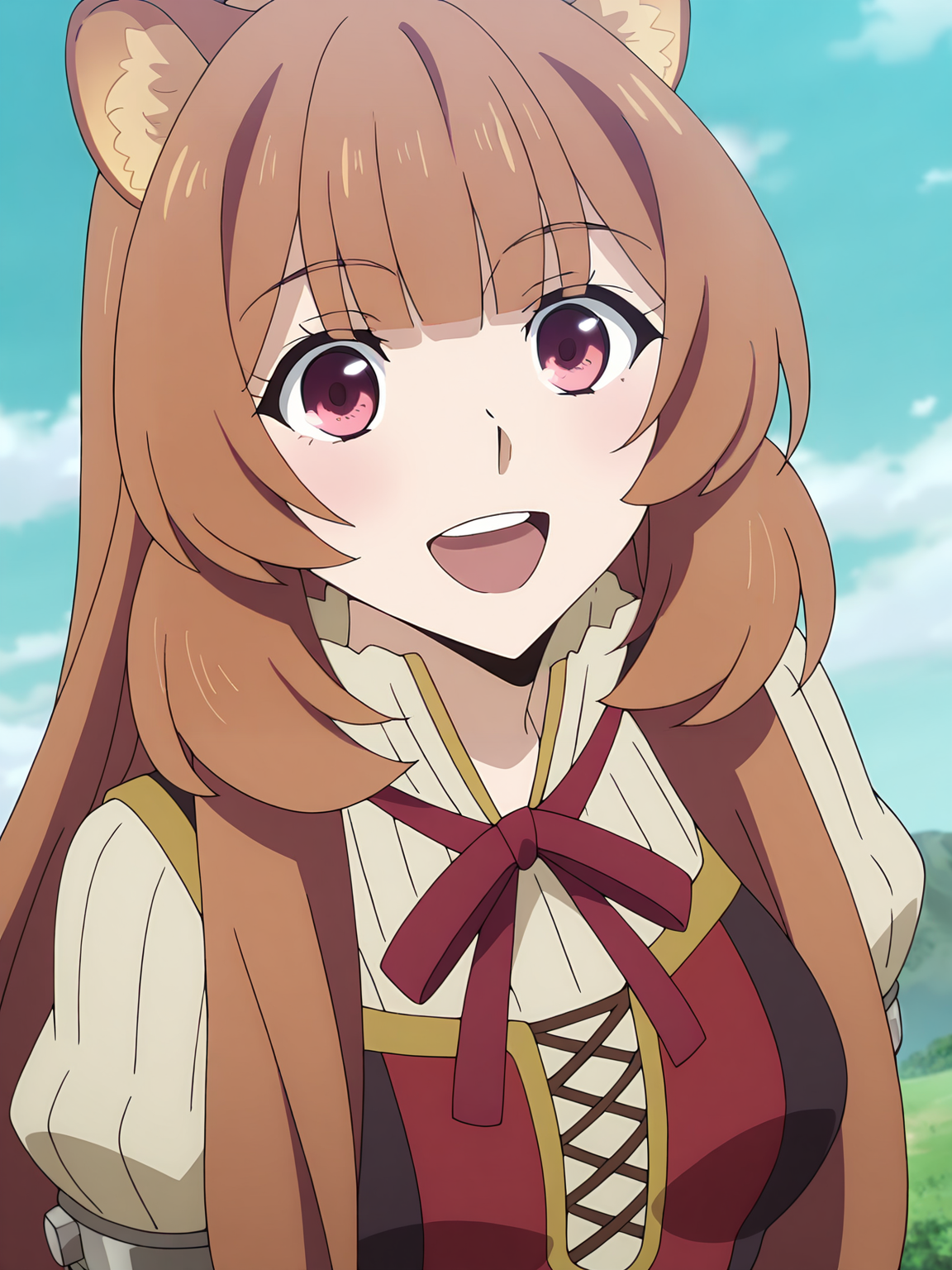 <lora:Raphtalia:0.8>, raphtalia, tate no yuusha no nariagari, 1girl, solo, red eyes, long brown hair, twintails, raccoon ears, white pleated shirt, long puffy sleeves, red ribbon, red dress, metal armlet, happy, teeth, open mouth, hands behind back, looking at viewer, upper body, day, blue sky