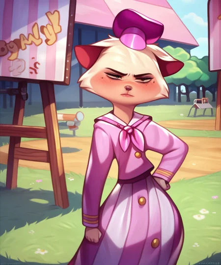 solo, sawyer, female, movie outfit, pink hat, narrowed eyes, annoyed, hand on hip, dog park, by sorafoxyteils,by banni art,by cyancapsule, <lora:SawyerXL_01-Noob-nd64-lr2-ep24:1>