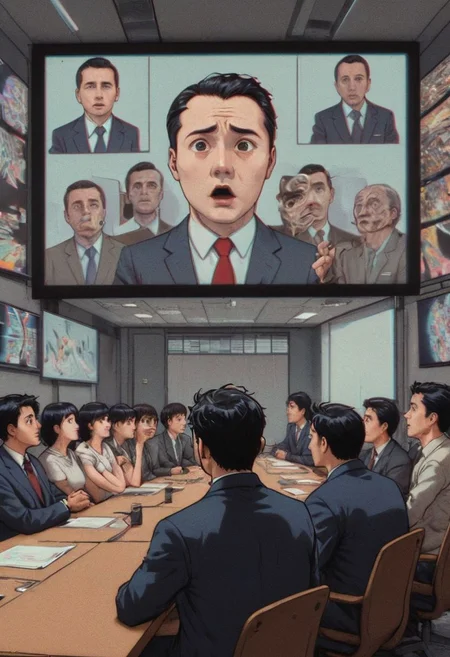 a high quality RAW full color photo, meeting room, businessman at the presentation, big screen, long meeting table, we see the whole table, (((camera is behind the boos))) , we don’t see bosses face, we see the screen, everybody looking at the screen, surprised,