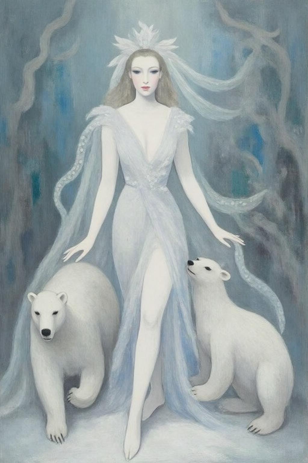 malau1 painting .
dulac1. A Snow Queen with an ethereal appearance. She is dressed in a flowing, long white gown that seems to shimmer, possibly made of a translucent fabric or lace, giving it a delicate, ethereal quality. Her hair and face are obscured by a delicate, sheer veil that extends to the ground, adding to her otherworldly aura. Two polar bears are walking besides her.   <lora:malau1_cap_d6a3e12:1.0><lora:825103685026837451:0>