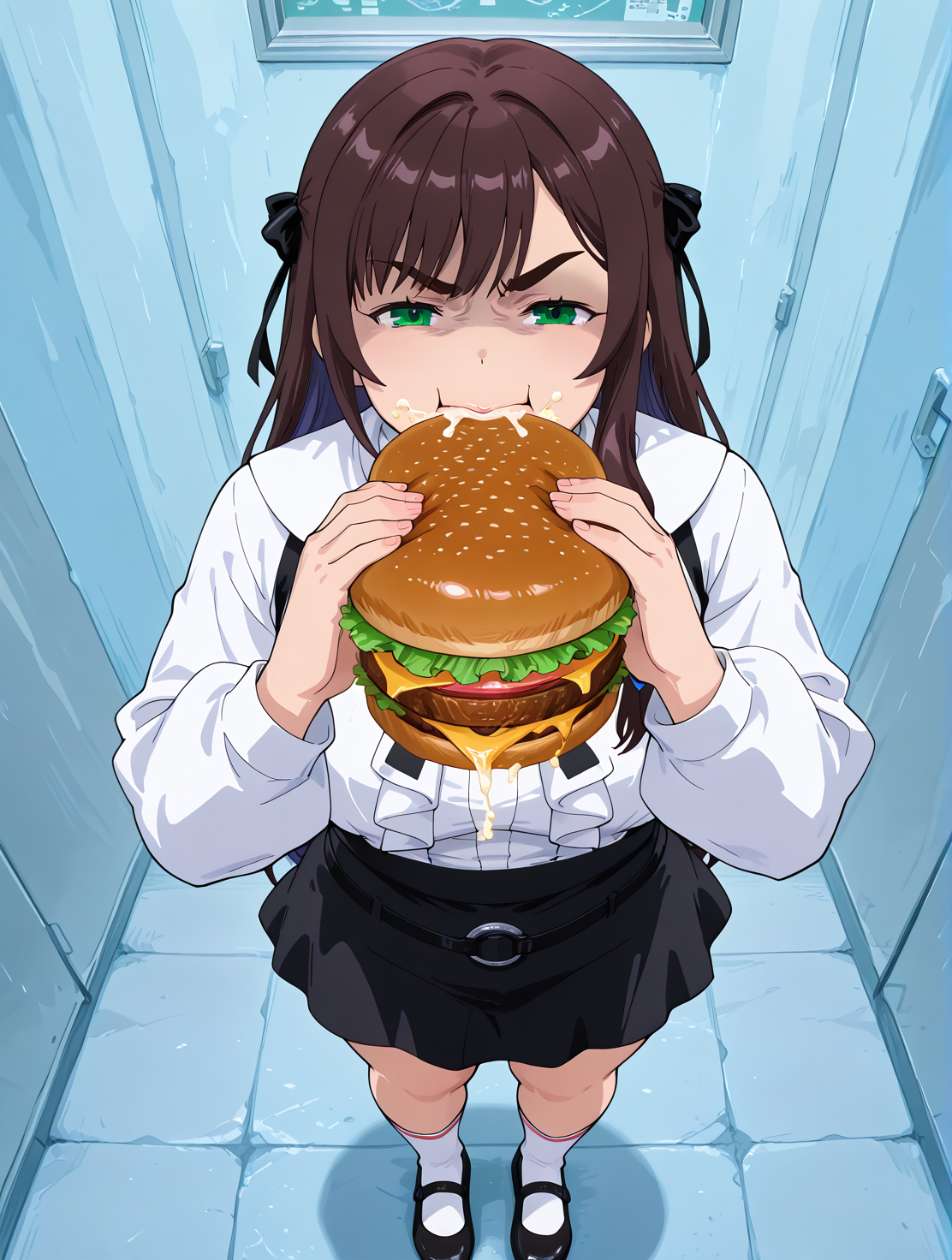 IllusP0s, PonyScores7, source_anime, ah1, IllustriousQual, interesting, exciting, spectacular, wonderful, amazing quality, absolutely eye-catching, 
BREAK <lora:xl_more_art-full_v1:0.2>, <lora:aesthetic_anime_v1s:0.2>, <lora:EpicF4nta5yXL:0.2>, <lora:detailxl:0.2>, detailxl, <lora:Fant5yP0ny:0.2>, amazing quality, best aesthetic, absurdres, illustration, Volumetric_Lighting, ultra-detailed, very aesthetic, intricate details, best_quality, <lora:Add_Details_v1.2:0.4>, <lora:quality_modifiers_masterpieces_v1:0.2>, <lora:ZootPonyAnime_V1_r2:0.2>, <lora:Bestifacator2:0.2>,
BREAK (({eating|cooking|serving} Juicy grilled burger topped with melted cheese)),
BREAK Stable_Yogis_PDXL_Positives, AS-Adult, <lora:Complicated fantasy portrait - XL Pony V2.0:0.2>, bad-hands-5, <lora:HDA_Detailer:0.3>, <lora:natsumi_style:0.5>, <lora:by_usakun-pony:0.4>, by usakun, <lora:Akina_Bbw_Style_-_PonyXL:0.2>, AkinBw, ((Telephoto shot)),
BREAK 1girl, <lora:shinyskin2:0.2>, glistening skin, <lora:Alina_Clover:0.8>, Alina, <lora:perfection style:0.2>, perfection style, perfection, 
BREAK ((hair ribbon, skirt, shirt, socks, white socks, white shirt, black footwear, black skirt, suspenders, shoes, long sleeves, mary janes, suspender skirt, bow, ribbon)),
BREAK long hair, brown hair, multicolored hair,  bangs, <lora:hairdetailpxl:0.2>, hairdetailpxl,
BREAK (green eyes), expressive eyes, <lora:perfect-eyes:0.4> perfecteyes , EyesHD, (round face:1.2), (thick eyebrows:1.3), (plump face), <lora:Round_face:0.2>, lips, <lora:DetailedEyes_xl_bdsqlsz_V1:0.2>, <lora:Eyes_Lora_Pony_Perfect_eyes:0.2>, <lora:focusoneyes:0.2>, <lora:cinematic eye color style illustrious v1:0.2>,
BREAK ((disgust expression)), <lora:Expressive_H:0.2>, Expressiveh, <lora:Emotional_Anime_Expressions_PonyXL_Concept:0.2>, emotional, <lora:Best_Facial_Expression_LoRA_PONY:0.2>, looking at viewer, <lora:Detailed expressive EXEV style -XL Pony V1.0:0.2>, FaceDetail, <lora:Best_Facial_Expression_Helper_XTREME_ILLU:0.4>, kaogei,
BREAK (((Music vendor))), <lora:Background Detailer - SDXL:0.8>, 4k, 8k, Ultra HD, Masterpiece, Best quality, Detailed background, <lora:Add_more_details_V2_XLpony:0.2>, full_details, <lora:background-type1:0.2>, <lora:Anime_Aesthetic_Wallpaper_StyleIllustriousXL:0.2>, aniwall,