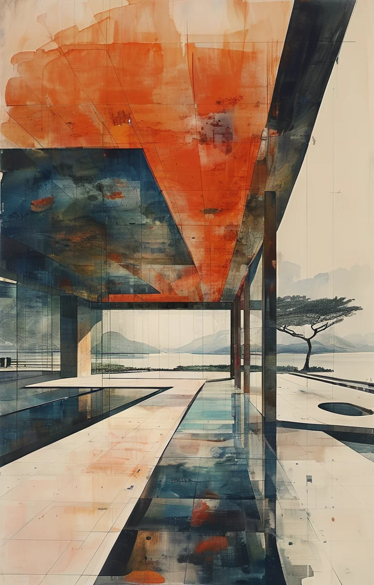 masterpiece,best quality,<lora:tbh304-sdxl:0.9>,illustration,designed by Norman Foster Minimalist Japanese-inspired tea house by the sea, evoking the style of Tadao Ando