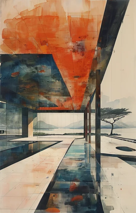 masterpiece,best quality,<lora:tbh304-sdxl:0.9>,illustration,designed by Norman Foster Minimalist Japanese-inspired tea house by the sea, evoking the style of Tadao Ando