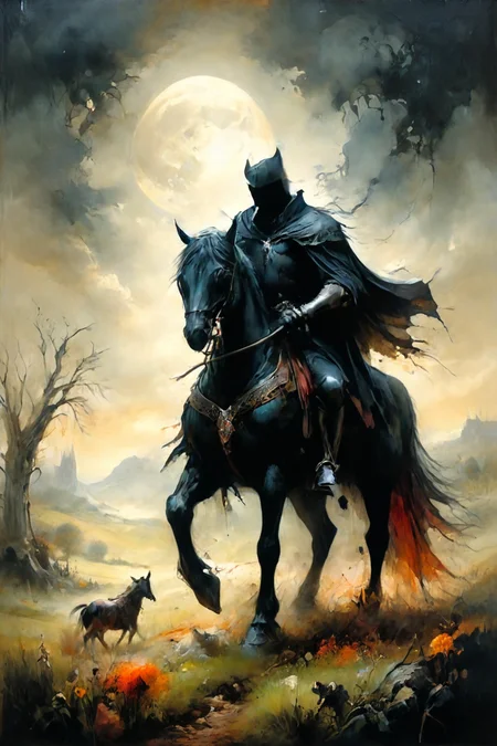 Detailed digital portrait of a  <lora:ral-mythcr:0.7> headless horseman at a Tranquil meadow with grazing livestock, <lora:Ethereal_Grace:0.7>,  <lora:ParchartXL-1.5:0.7> on parchment,  <lora:xl_more_art-full_v1:0.5>