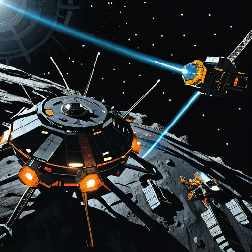 In the mining operation within Odysset's rings, massive platforms and interconnected structures sprawl across the cosmic expanse. Bright floodlights cut through the darkness, revealing workers clad in rugged space suits maneuvering among towering cranes and robotic arms. Transport vessels dart back and forth against the backdrop of the star-studded void, ferrying payloads of ore to processing facilities stationed on nearby asteroids. The scene is a symphony of activity amidst the celestial silence, with the distant glow of the planet Odysset providing a serene backdrop to the bustling industrial operation., BREAK, (sci-fi, futuristic, space, asteroid:1.3), BREAK, <lora:detailed_notrigger:1>,   <lora:Expanse_Science_Fiction_Comic_Style_SDXL:1> expnscom