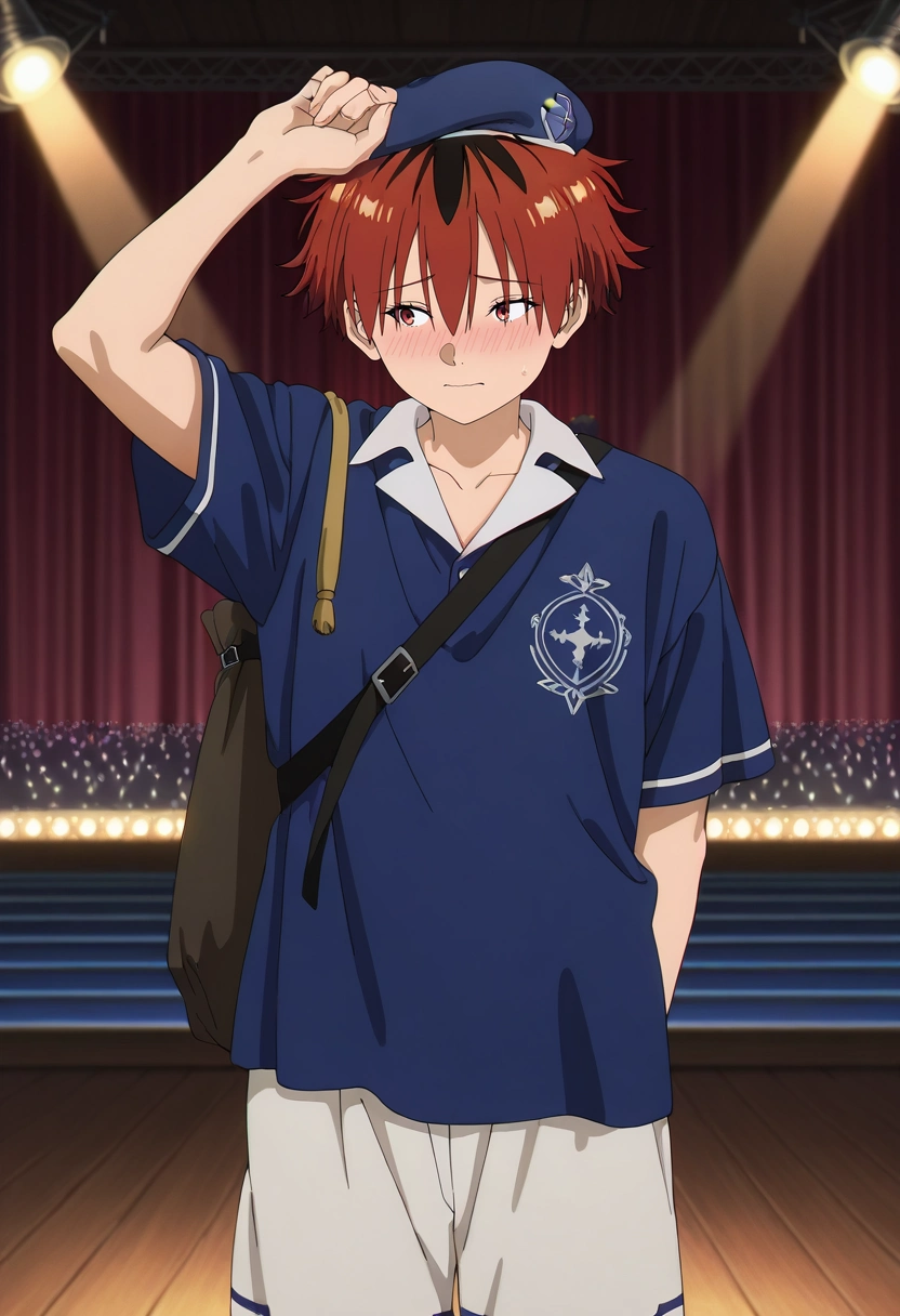 masterpiece, best quality, intricate details, anime screencap, , official style, , , 1boy, solo, male focus, <lora:stark_sousou_no_frieren_ilxl:0.94>, stark_sousou_no_frieren, red hair, red eyes, short hair, bangs, hair between eyes, multicolored hair, two-tone hair, black hair, cowboy shot, concert, stage, stage lights, idol, indoors, dark, arm up, embarrassed, nose blush, Linen-cotton shorts, Suede Chambray shirt, , Military beret, Trolley Bag (with wheels)
