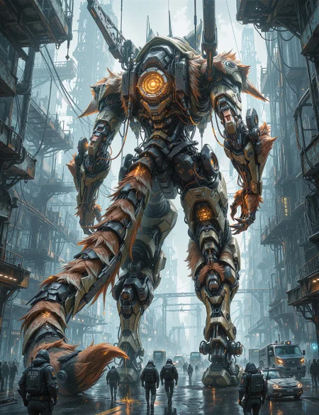 A colossal mechanized humanoid fox, towering over a vast hanger bay with soaring steel gantries and flickering industrial lights, depicted in a futuristic mecha style blending sleek cybernetic armor with fur-like organic textures inspired by Pacific Rim’s kaiju-meets-tech aesthetic. The aerial view emphasizes the mech’s massive scale: its muscular, fox-shaped frame adorned with glowing amber circuitry patterns beneath matte-black composite plating that mimics shaggy fur, while retractable claws and artillery pods along its limbs are being affixed by technicians in hazard suits on suspended walkways above. Neon-blue spotlights pierce the hanger’s dimness, casting sharp shadows across rusted metal floors and illuminating the mech’s piercing golden eyes—their pupils narrowing as engineers finalize weapon systems. Workers scurry below, welding plasma injectors onto its tail and inputting commands via holographic interfaces on gantry consoles, while overhead cranes lower a massive energy reactor into its chest cavity, its core pulsing with hazardous violet light. The air shimmers with ionized particles from active defense grids, and the mech’s fur-textured armor glistens with condensation, dripping onto the floor in slow motion as technicians sprint to secure final cables before deployment.