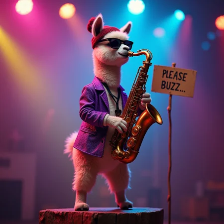 A cute alpaca playing the saxophone up on a high pedestal, wearing a beanie, shades, a purple sparkling jacket, disco lights, photorealistic, a cardboard sign that says "Please Buzz...", colourful, epic, cinematic shot,