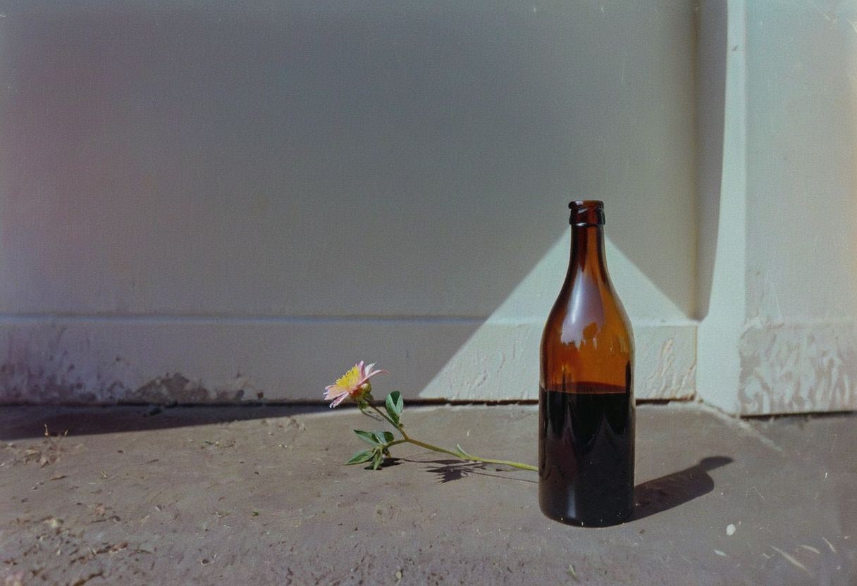 belomo_kodak_gold, instagram photo,a bottle with a flower, hard shadows, film grain