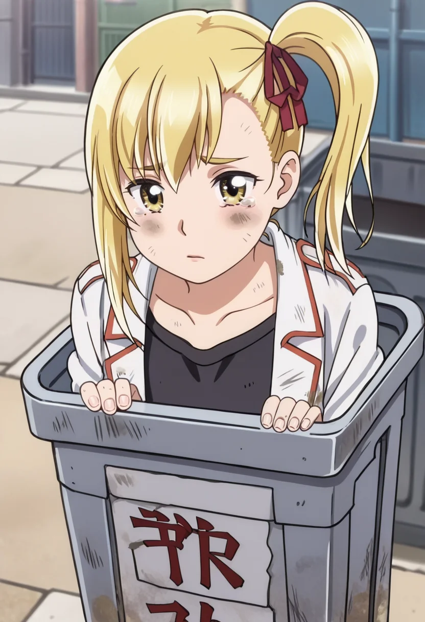 source_anime,anime screencap, anime coloring,intricate details,rating_safe, masterpiece, best quality,
(best quality, absurd res, ultra detailed),,(4 finger:0.5),1girl, ((solo)), good eyes,perfect eyes,,detailed eyes, zPDXLxxx , zPDXL3, OverallDetail,detailed, detailed face
BREAK
solo,outdoors ,
anzu, 1girl, yellow eyes, blonde hair, side ponytail, hair ribbon, white coat, black shirt,
, <lora:add-detail-xl:2>  <lora:Anzu:0.8> <lora:Trash_Waifu_PDXL:1> zzTrashWaifu, in trash can,  sad, tears, alley background, dirty,