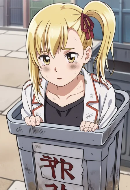 source_anime,anime screencap, anime coloring,intricate details,rating_safe, masterpiece, best quality,
(best quality, absurd res, ultra detailed),,(4 finger:0.5),1girl, ((solo)), good eyes,perfect eyes,,detailed eyes, zPDXLxxx , zPDXL3, OverallDetail,detailed, detailed face
BREAK
solo,outdoors ,
anzu, 1girl, yellow eyes, blonde hair, side ponytail, hair ribbon, white coat, black shirt,
, <lora:add-detail-xl:2>  <lora:Anzu:0.8> <lora:Trash_Waifu_PDXL:1> zzTrashWaifu, in trash can,  sad, tears, alley background, dirty,