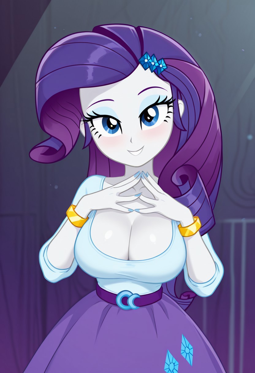 masterpiece, best quality, amazing quality, volumetric lighting, 1girl, solo, equestria girls, rarity, colored skin, white skin, long hair, purple hair, blue eyes, eyeshadow, eq outfit, blue shirt, eq hair ornament, eq belt, eq skirt, purple skirt, bracelet, sexy, large breasts, cleavage, beautiful, detailed, high detailed, very beautiful, detailed face, detailed eyes, detailed hand, long nails, abstract background, smile, happy, looking at viewer, face focus