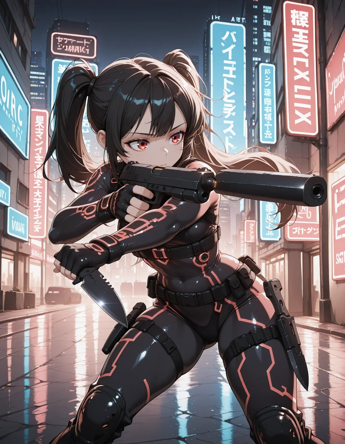 1girl, twin tails, black hair, red eyes, long hair, midriff, bodysuit, circuit tattoo, pistol_x_tac_knife, holding pistol and knife, combat knife, finger on trigger, aiming, black fingerless gloves, silencer, <lora:pistol_x_tac_knife_v1.0-000010:0.9>, cyberpunnk, city, outdoor, night, neon lights, <lora:circuit_tattoo:0.5>