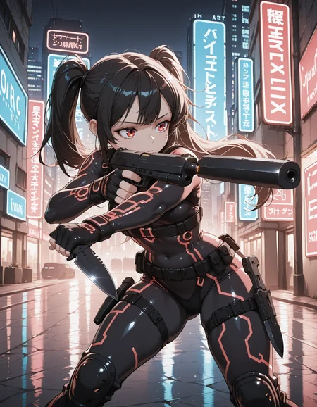 1girl, twin tails, black hair, red eyes, long hair, midriff, bodysuit, circuit tattoo, pistol_x_tac_knife, holding pistol and knife, combat knife, finger on trigger, aiming, black fingerless gloves, silencer, <lora:pistol_x_tac_knife_v1.0-000010:0.9>, cyberpunnk, city, outdoor, night, neon lights,  <lora:circuit_tattoo:0.5>