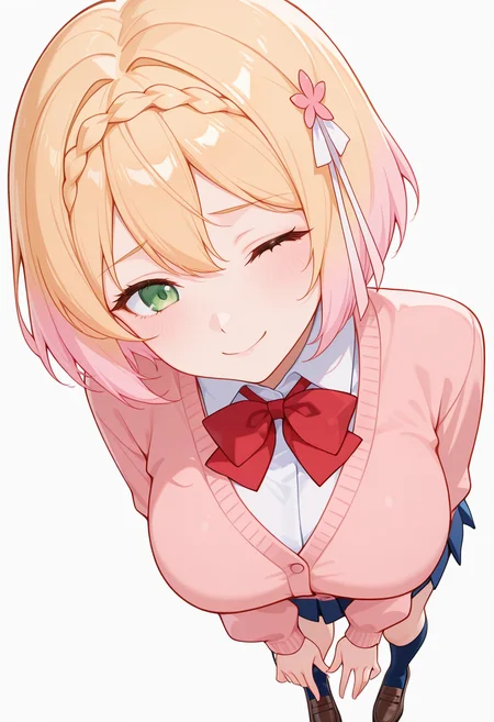 masterpiece,high quality details, absurdres,
<lora:Sakura_Mochida:0.8>
sakuram_cnr, 1girl, blonde hair, pink hair, gradient hair, short hair,braid,green eyes,large breasts,hair ribbon,hair ornament, hair flower,enh_cnr,
sakuram_s1,pink cardigan,white shirt, collared shirt, blue pleated skirt, miniskirt, kneehighs, loafers, long sleeves,red bowtie,, simple background, white background, from above,solo,, stifled laugh,sad smile,, ;),, leaning against surface,hands touching toes,legs dangling,