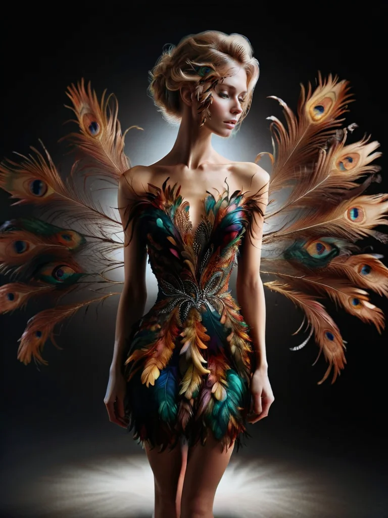 ral-feathercoat, a dress with a feather design on it <lora:ral-feathercoat-sdxl:1> black background, dim warm backlight, ring light