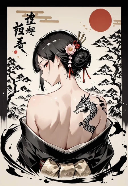 masterpiece,best quality,amazing quality,newest,absurdres,highres, newest,very awa, ,sumi-e ,ink wash painting,
from behind, upper body,
1girl, beautiful face, perfect eyes, detailed eyes,mature female,
black hair,straight hair, blunt bang,updo,
red eyes,looking at viewer, 
dragon tattoo,cherry blossom,tsumami kanzashi, ิblack kimono,kimono pull ,neck focus,

,intricate details, dark background, (painting background:1.4),(red sun),egasumi ,ink stroke, (calligraphy:1.5) ,tree