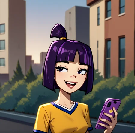 score_9, score_8_up, score_7_up, score_6_up, score_5_up, score_4_up, BREAK, <lora:Theresa_Fowler:0.8>, 1girl, theresa fowler , solo, smile, open mouth, bangs, shirt, holding, upper body, outdoors, phone, bob cut, topknot, purple hair, top knot, blunt bangs, short hair <lora:RealisticAnime:1>