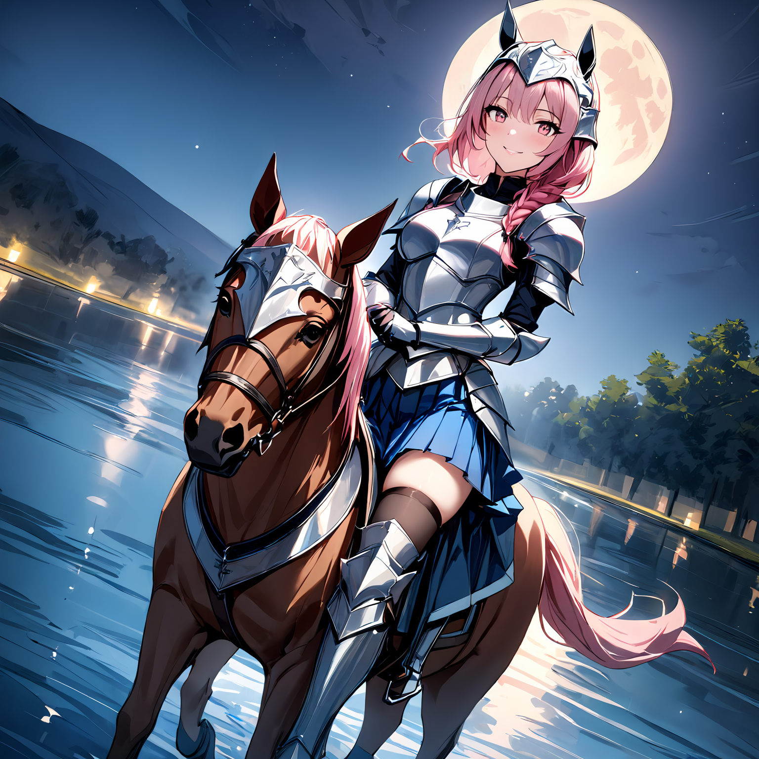masterpiece, best quality, depth of field, 1girl, aged up, medium breasts,  knight, pink hair, single braid, metal helmet, smile, (armored dress:1.1), blue skirt, (pleated skirt), armored boots, (thighhighs under boots:1.2), (horseback riding:1.3), dutch angle, night, full moon, lake, reflective water, horse, <lora:SDXL Between_pencils_and_semi-realism_Style:0.7> stbedap,
