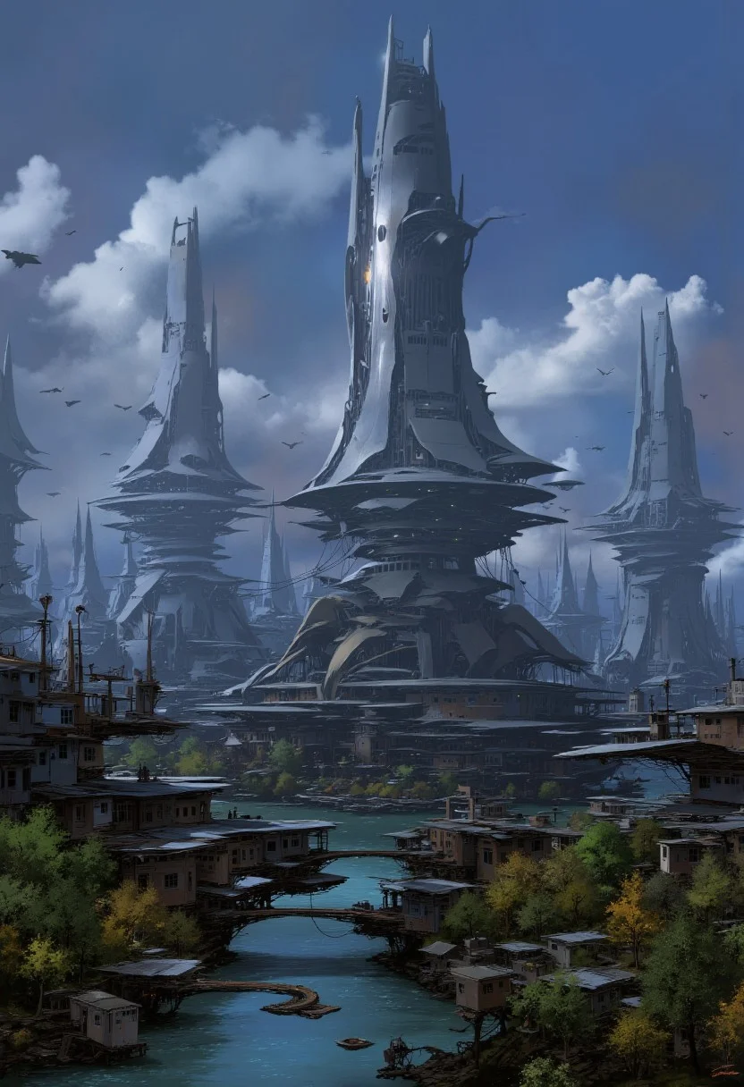 Art by Alejandro Burdisio, mythp0rt, best quality, masterpiece. A futuristic cityscape at dusk. The central focus is an immense, towering skyscraper with a sleek, reflective surface that reflects the soft, ambient light of the setting sun. The building's design is futuristic, with a tapering top and a complex, organic base that seems to blend seamlessly with the landscape. In the foreground, a serene river runs through a valley lined with lush, green trees. Bridges and elevated walkways connect the base of the skyscraper to the surrounding buildings. The buildings in the foreground are more modest in size, with a mix of glass and metallic facades, indicating modern architecture. In the background, the cityscape stretches into the distance, showcasing a variety of skyscrapers and high-rises, some of which are needle-like, indicating a focus on verticality and density. The sky is a gradient of deep blues and purples, with scattered, fluffy clouds casting shadows on the buildings below. The overall color palette is cool and serene, with the soft lighting enhancing the futuristic, utopian atmosphere of the scene. a supermassive dull sun in the background, cinematic, Perfect Composition