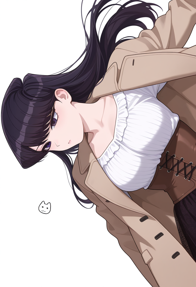 Smooth Quality,masterpiece,very intricate, high quality details, ultra realistic, high detailed skin,detailed enviorement,
simple background, white background,sideways,uwu,
 sheer skirt,  ,coat, ,corset top,  , <lora:Komi_Shouko_cnn:0.8> komi shouko, 1girl,black hair, long hair, bangs, purple eyes,