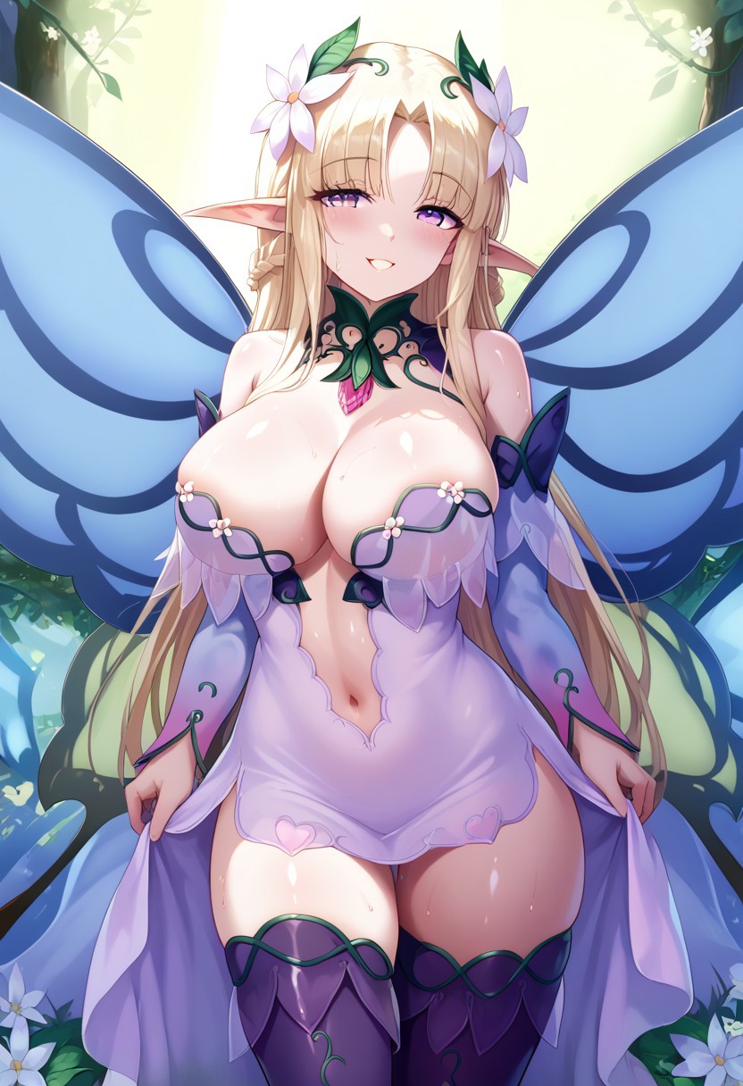 score_9, score_8_up, score_7_up,masterpiece,best quality,extremely detailed,absurdres,detailed background,nsfw,Expressiveh, 1girl,shiny skin,sweaty skin,perfect lighting, fir3born artstyle, mgetitania,blonde hair,hair ornament,purple eyes,dress,detached sleeves,bare shoulders,jewel,thighhighs,fairy wings,large breasts,blushed,smile