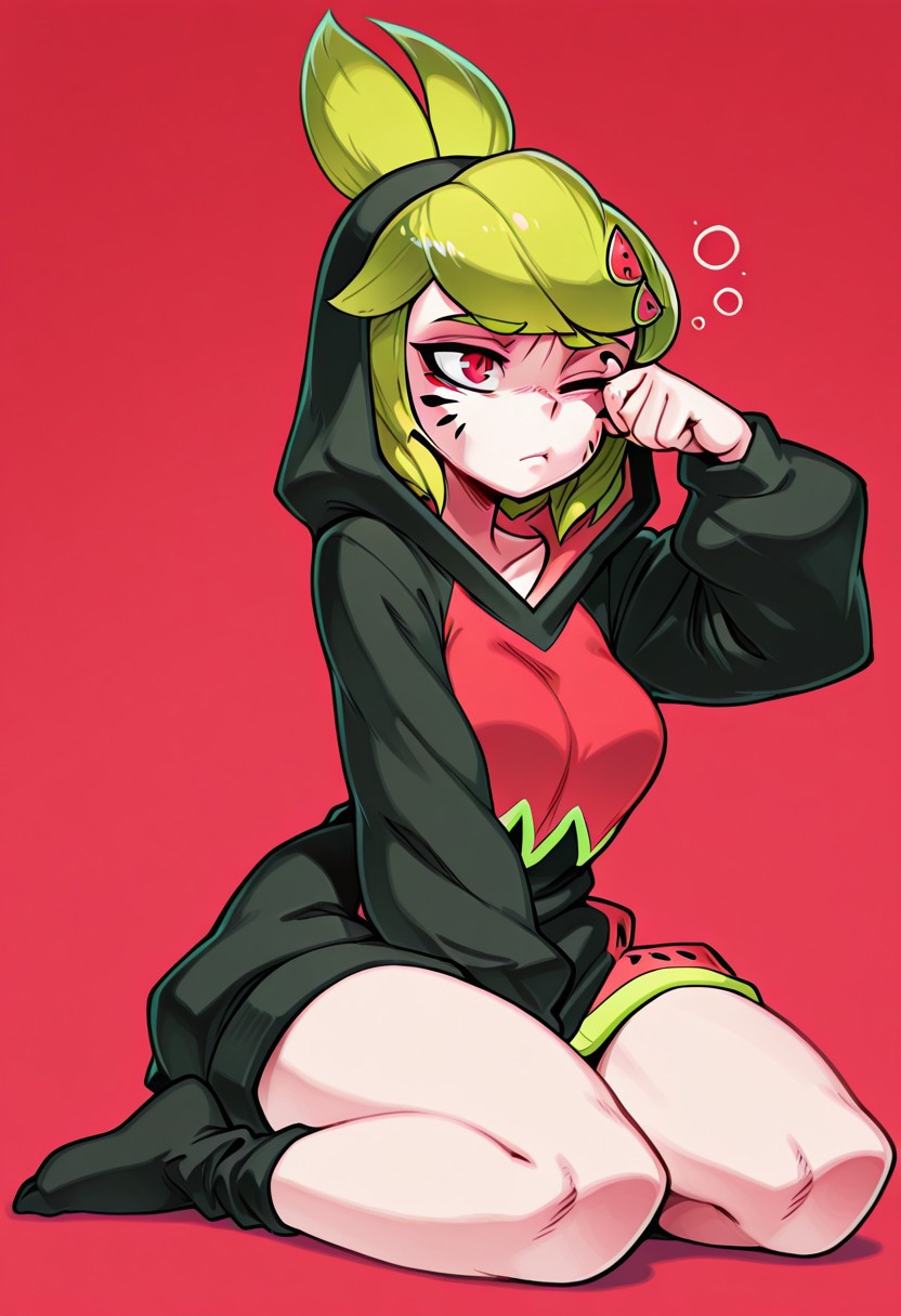 masterpiece,best quality, 2D, Kabrap, 1girl, solo, Melony, Green Hair, Red Eyes, Facial Marks, Watermelon Hairclip, Black and Red Hoodie, Black Socks, tired, rubbing one eye, hunched