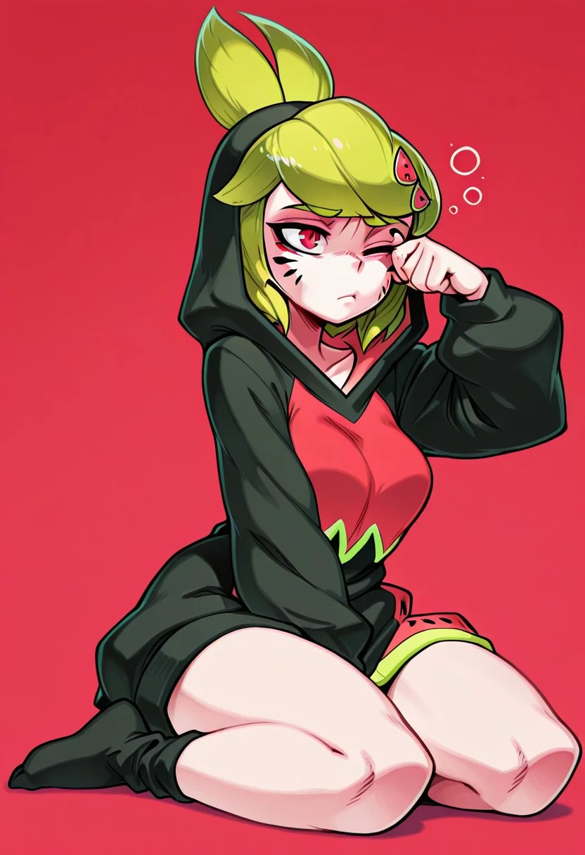 masterpiece,best quality, 2D, Kabrap, 1girl, solo, Melony, Green Hair, Red Eyes, Facial Marks, Watermelon Hairclip, Black and Red Hoodie, Black Socks, tired, rubbing one eye, hunched