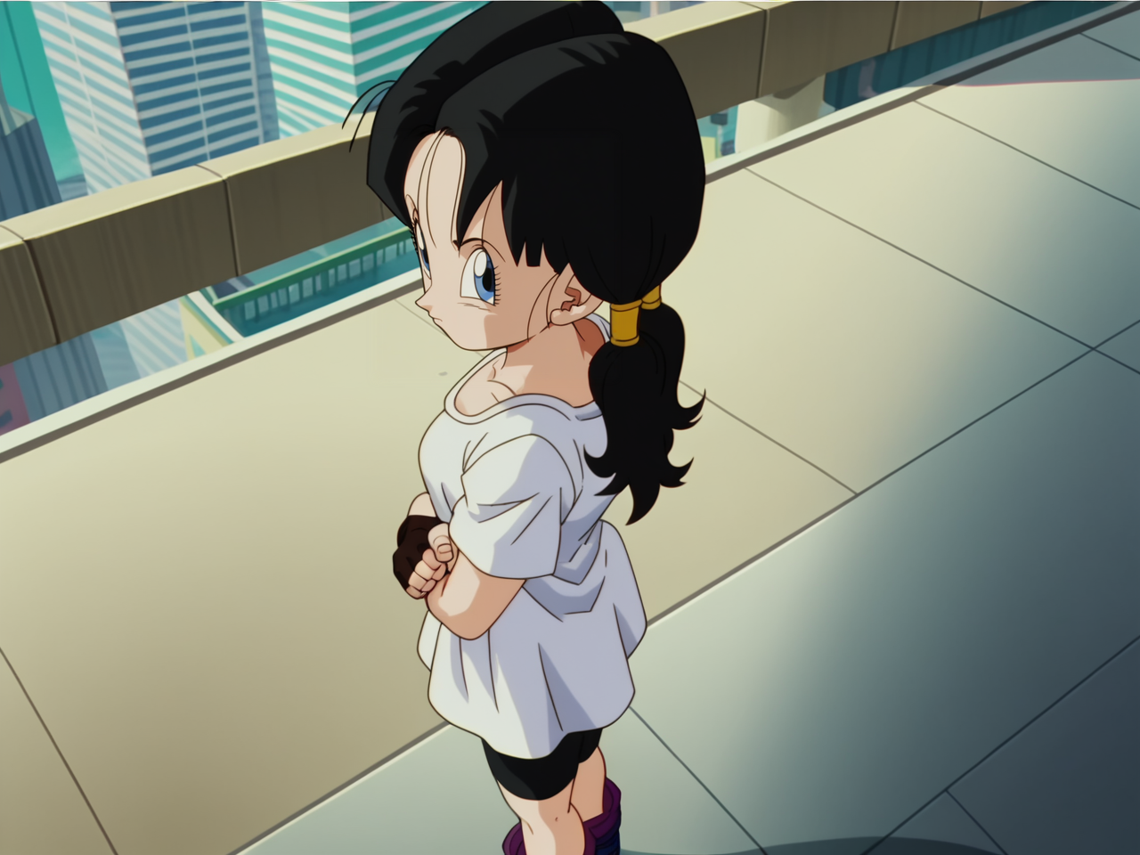 Videl, 1girl, pigtails, white shirt, bike shorts  black hair, fingerless gloves, <lora:Videl-prodigy-7:0.8>,   score_9, score_8, score_8, anime screencap, solo, from side, looking at viewer, shadows, city, arms crossed up close, from above, clenched hand,