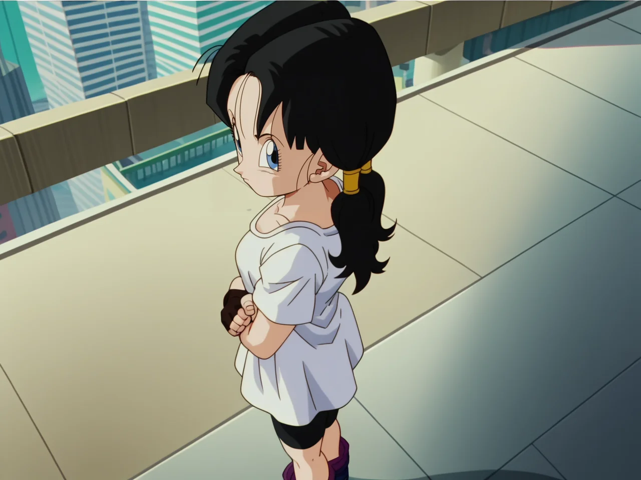 Videl, 1girl, pigtails, white shirt, bike shorts black hair, fingerless gloves, <lora:Videl-prodigy-7:0.8>, score_9, score_8, score_8, anime screencap, solo, from side, looking at viewer, shadows, city, arms crossed up close, from above, clenched hand,