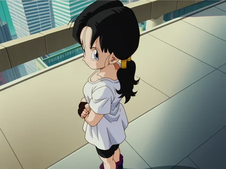 Videl, 1girl, pigtails, white shirt, bike shorts black hair, fingerless gloves, <lora:Videl-prodigy-7:0.8>, score_9, score_8, score_8, anime screencap, solo, from side, looking at viewer, shadows, city, arms crossed up close, from above, clenched hand,