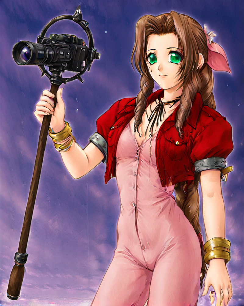 <lora:inoue_tomii_style_for_pony:1> solo, Aerith Gainsbrough, 1girl, holding staff, casting magic
