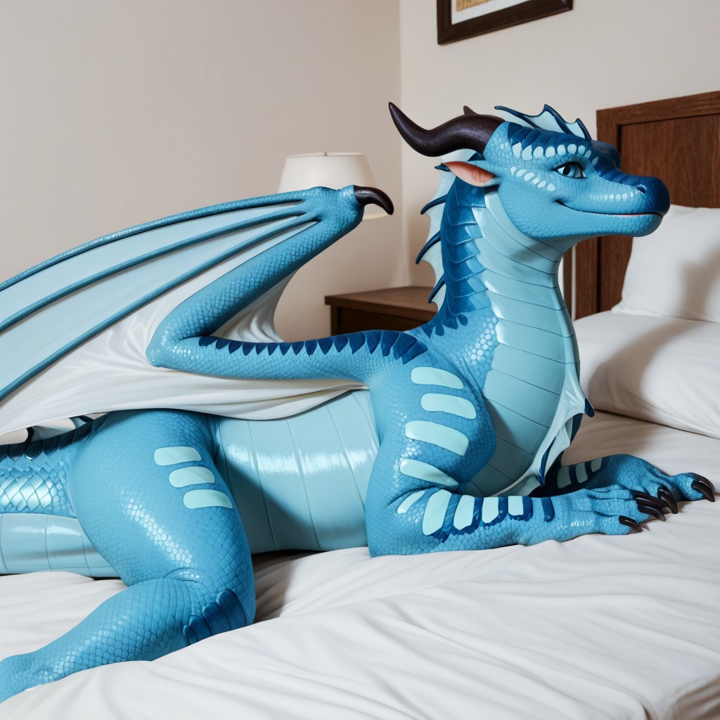score_9, score_8_up, score_7_up, score_6_up, masterpiece, high quality, realistic, detailed, best quality, 1girl, solo, rating_safe, source_furry, bedroom, smiling, seductive, looking at viewer, lying on bed, Seawing, Seawing scale pattern, dragon, scales, wings, horns, tail, fins, claws, Tsunami_wof, blue scales, female, negative_hand, lying on bed, facing viewer, feral, female