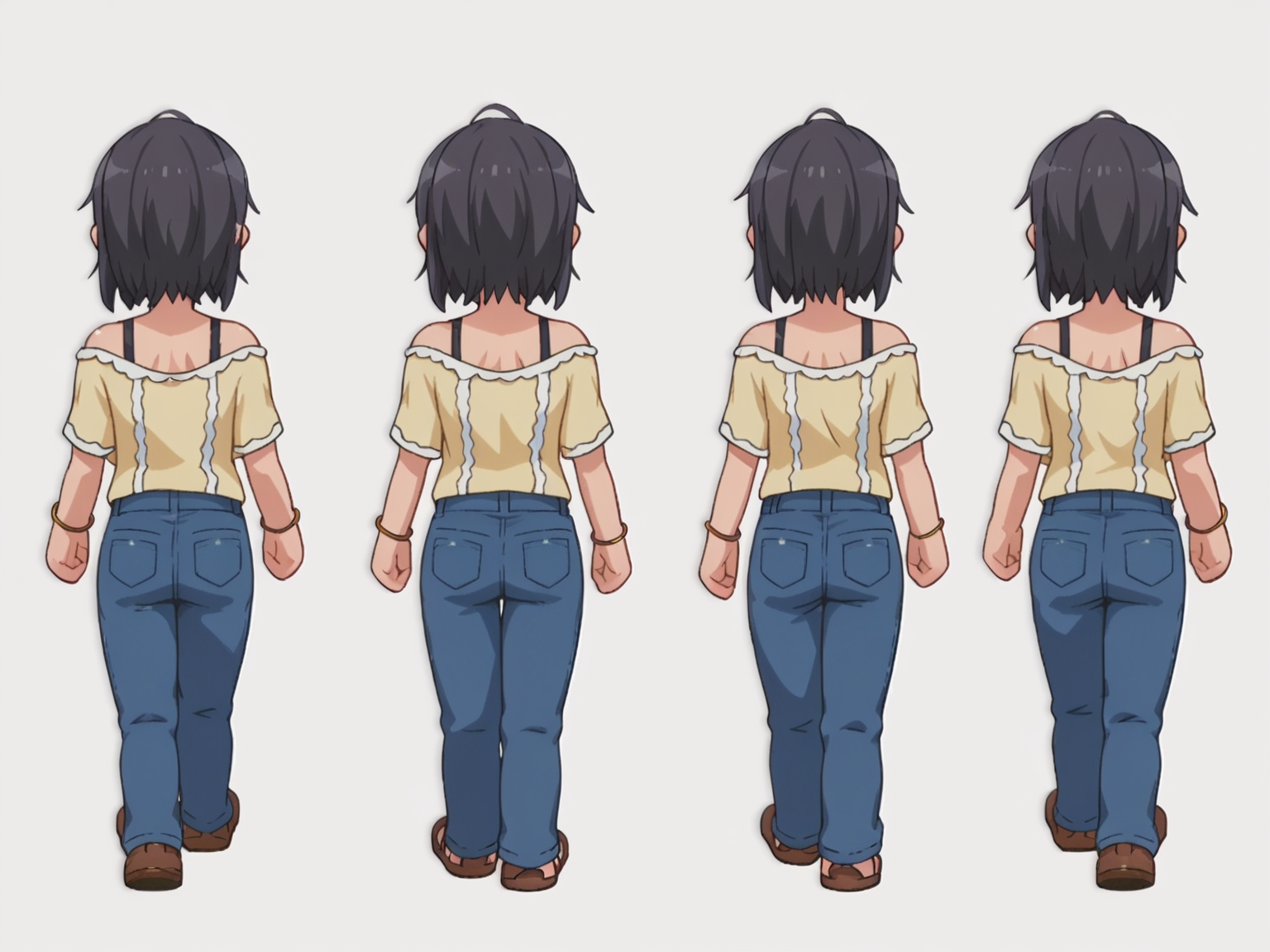 score_9, score_8_up, score_7_up, source_anime,
BREAK
<lora:shiSpriteV2:0.9>, spbck, sprite sheet, 1girl, simple background, white background, standing, full body, from behind, chibi, back, 
walking, 
anime screencap, anime coloring, 
<lora:shiYukSisV1:1> harudef, short hair, black hair, yellow shirt, bracelet, blue pants, off shoulder,  jeans, brown footwear, shoes,