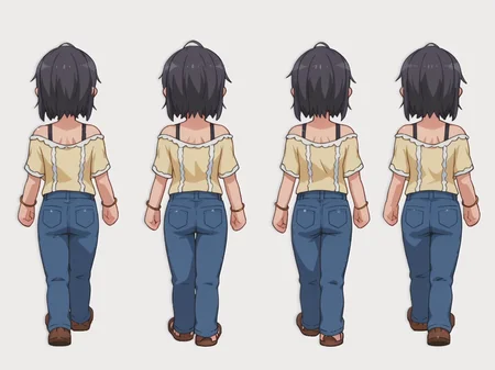 score_9, score_8_up, score_7_up, source_anime,
BREAK
<lora:shiSpriteV2:0.9>, spbck, sprite sheet, 1girl, simple background, white background, standing, full body, from behind, chibi, back,
walking,
anime screencap, anime coloring,
<lora:shiYukSisV1:1> harudef, short hair, black hair, yellow shirt, bracelet, blue pants, off shoulder, jeans, brown footwear, shoes,