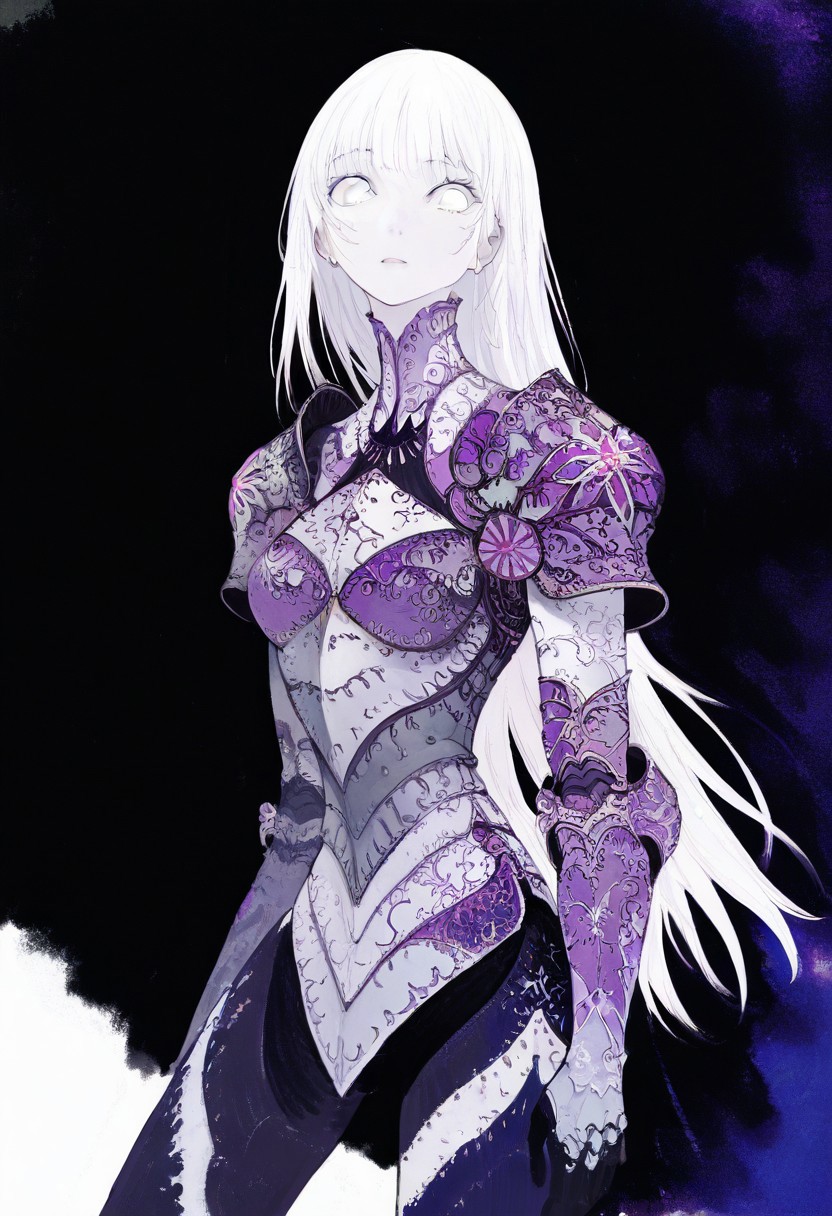 solo, looking at viewer, white eyes, plain black background, 1woman, solo, long white hair, pale white skin, purple and blue armor, masterpiece, best quality, aesthetic, absurdres
 <lora:monfornoob:0.95>
