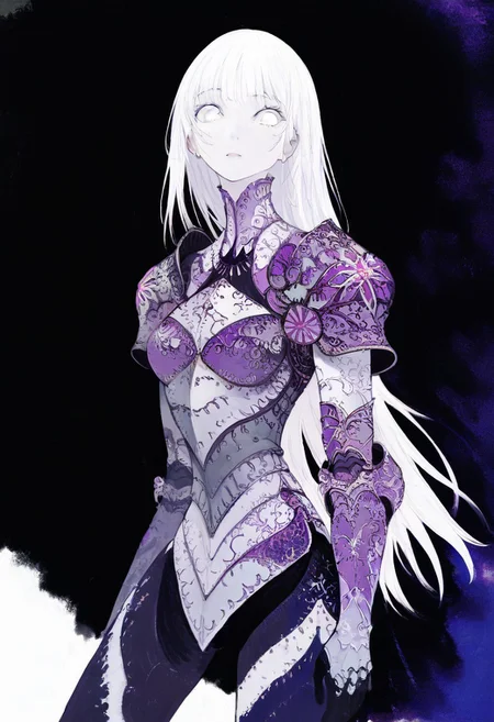 solo, looking at viewer, white eyes, plain black background, 1woman, solo, long white hair, pale white skin, purple and blue armor, masterpiece, best quality, aesthetic, absurdres
 <lora:monfornoob:0.95>