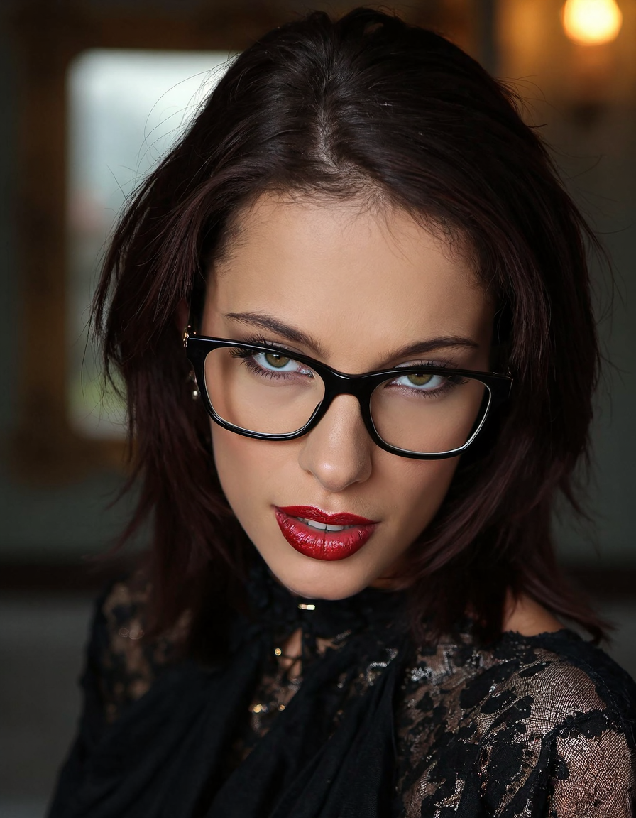 A striking portrait of a fierce woman with piercing eyes and bold, direct eye contact. She wears natural-looking brick-red lipstick and large, avant-garde glasses. The composition embodies a high-fashion editorial aesthetic, blending ethereal beauty with dramatic shadows and luxurious fashion details. The zoomed-out perspective places the subject in 30% of the frame, leaving ample negative space around her head for a modern, minimalist feel. The subtle 3D effect enhances the visual depth, creating a captivating and dynamic image.
