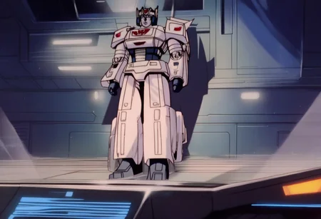 score_9, score_8_up, score_7_up, animation, transformers, 1girl, robot, Decepticon, Tall, slim, Seeker, Starscream glowing eyes, blue eyes, large eyes, circular eyes, white armour (minor blue detail), forward long jet swept wings, transforms into futuristic Stealth Mig Fighter Jet, full body, cowboy shot, smiling, holding null ray blasters, Decepticon Symbol, long skirt armour (minor blue glass detail), head crown,
<lora:StarScream1.2:1>