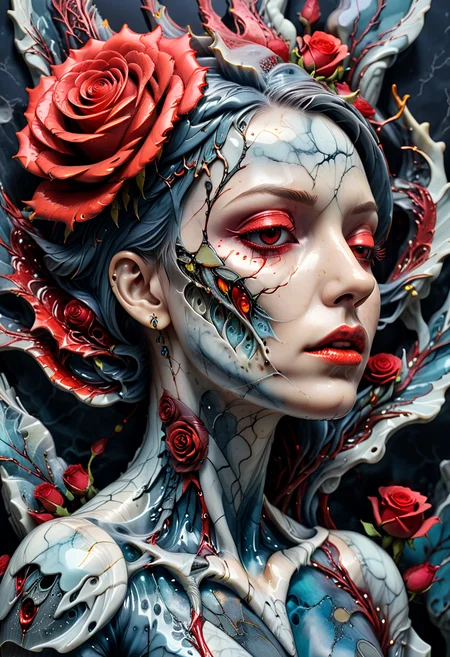 (HD, masterpiece, best quality, hyper detailed, ultra detailed, {detailed background| }, super realistic),cyberpunk woman face, cracked liquid marble, melancholic, side view, looking to the ground, tear, steam pipes connected to back neck, (feathers:1.2), (flower red rose:1.3), torns vines, bionic eyes open, glowing yellow light, (nose piercing:1.2), petals, GeekyXL_Liquid_Marble, add-detail-xl, xl_more_art-full_v1<lora:XL\Style\GeekyXL_Liquid_Marble.safetensors:0.8:0.8> <lora:XL\Enhance\add-detail-xl.safetensors:0.6:0.6> <lora:XL\Enhance\xl_more_art-full_v1.safetensors:0.6:0.6>