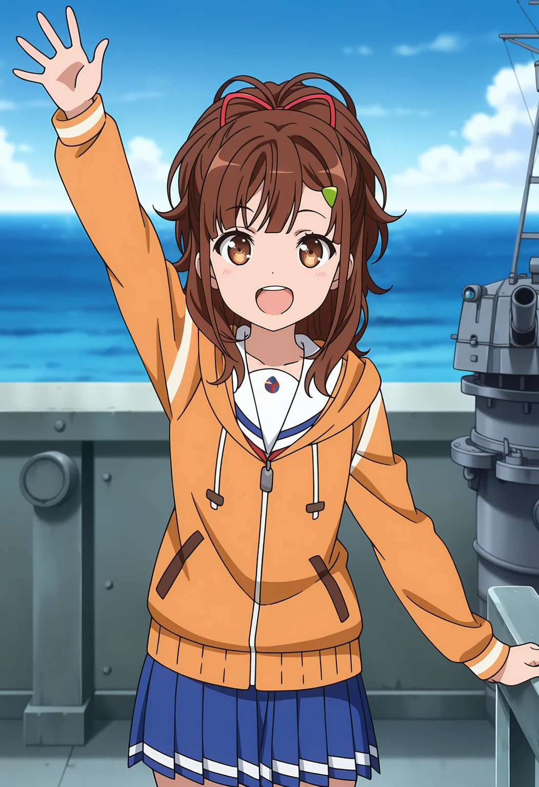 anime screencap, masterpiece, best quality,
<lora:HighSchoolFleet_IrizakiMei_IlluXL:0.9>,
1girl, solo, open mouth, smile,
high ponytail, long hair, brown hair, brown eyes, hairclip, hair ornament,
white sailor collar, orange jacket, long sleeves, pleated skirt, blue skirt,
arm up, standing, looking at viewer, cowboy shot,
horizon, dock, outdoors, battleship, warship, blue sky, blurry background