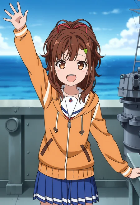 anime screencap, masterpiece, best quality,
<lora:HighSchoolFleet_IrizakiMei_IlluXL:0.9>,
1girl, solo, open mouth, smile,
high ponytail, long hair, brown hair, brown eyes, hairclip, hair ornament,
white sailor collar, orange jacket, long sleeves, pleated skirt, blue skirt,
arm up, standing, looking at viewer, cowboy shot,
horizon, dock, outdoors, battleship, warship, blue sky, blurry background
