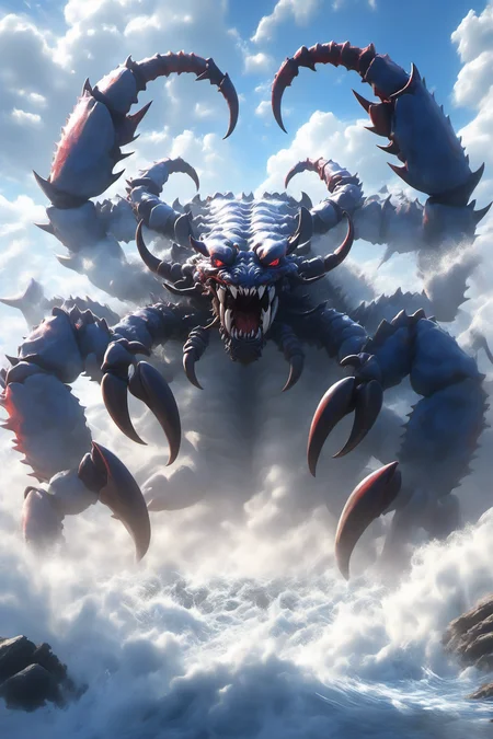 Hyperrealistic art BJ_Sacred_beast, Scorpion, open_mouth, red_eyes, outdoors, horns, sky, teeth, day, cloud, water, blue_sky, no_humans, bird, ocean, animal, cloudy_sky, sharp_teeth, claws, monster,
cinematic lighting,strong contrast,high level of detail,Best quality,masterpiece,White background,<lora:SDXL_Sacred_beast:0.7>, . Extremely high-resolution details, photographic, realism pushed to extreme, fine texture, incredibly lifelike