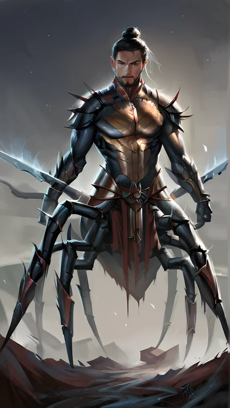 <lora:4r4chn1dPony:0.65>, score_9, score_8_up, score_7_up, score_6_up, score_5_up, score_4_up, closeup of 4r4chn1d, fantasy concept art, digital art, oil painting, realistic, detailed face, solo, arachnid, man desktop wallpaper, official_wallpaper, atmospheric, warrior, (smirk:0.6), combat stance, holding a weapon, chestnut hair, Pacific skin, Messy Bun, in location sunken Atlantis, (Masterpiece:1.3) (best quality:1.2) (high quality:1.1)