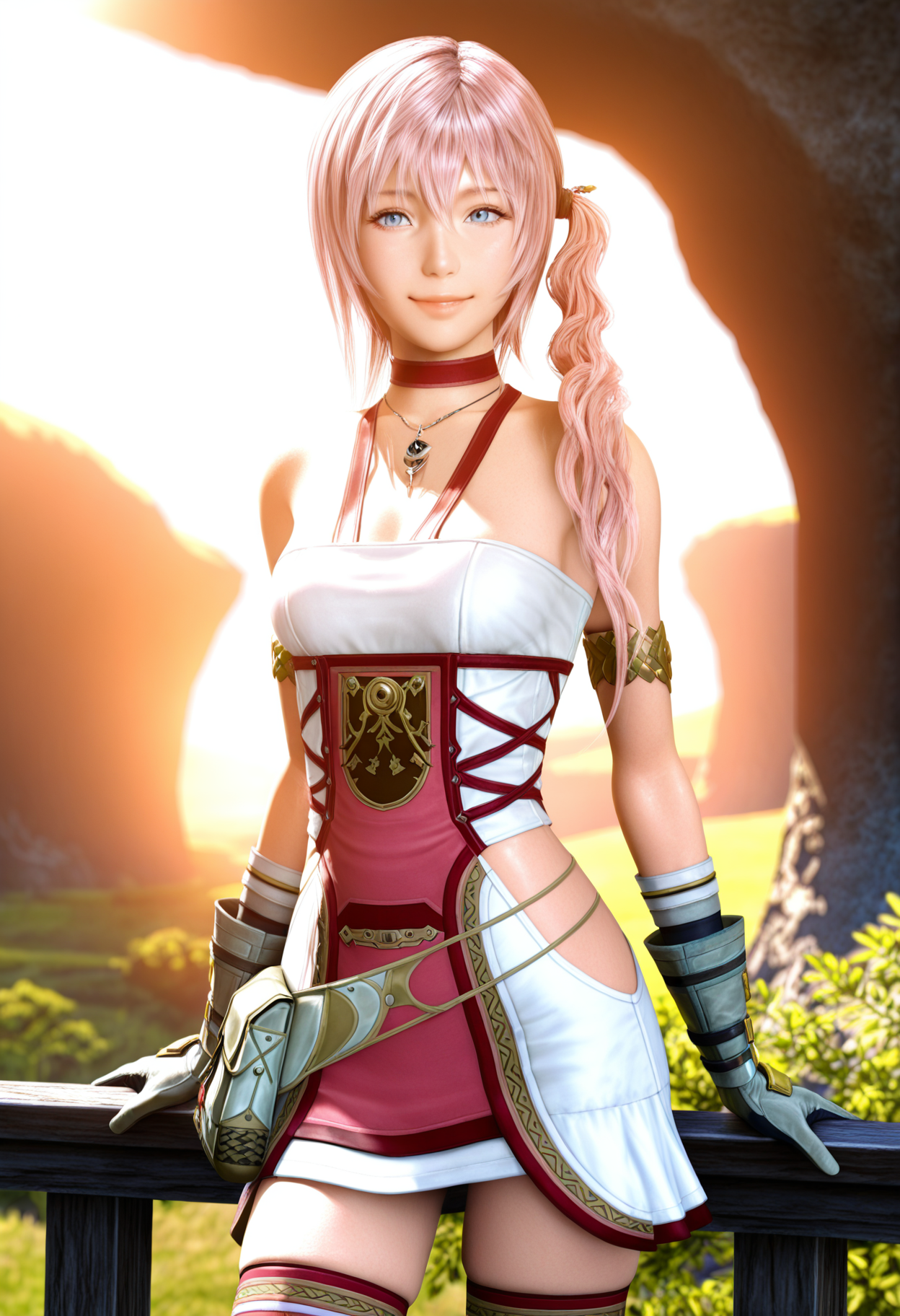 masterpiece, best quality, amazing quality, very aesthetic, high resolution, ultra-detailed, absurdres, newest, scenery, 1girl, solo, game cg, game screenshot, 3d, realistic, <lora:Serah [Illustrious] Final Fantasy XIII:1>, blue eyes, pink hair, long hair, side ponytail, necklace, pendant, choker, white dress, halter dress, hip vent, short dress, gold armlet, grey gloves, pouch, red thighhighs, cowboy shot, detailed eyes, detailed body, detailed lips, looking looking at viewer, outdoors, sunlight, smile, depth of field, photorealistic, masterpiece, best quality, amazing quality, very aesthetic, high resolution, ultra-detailed, absurdres, newest, scenery, volumetric lighting, dynamic pose