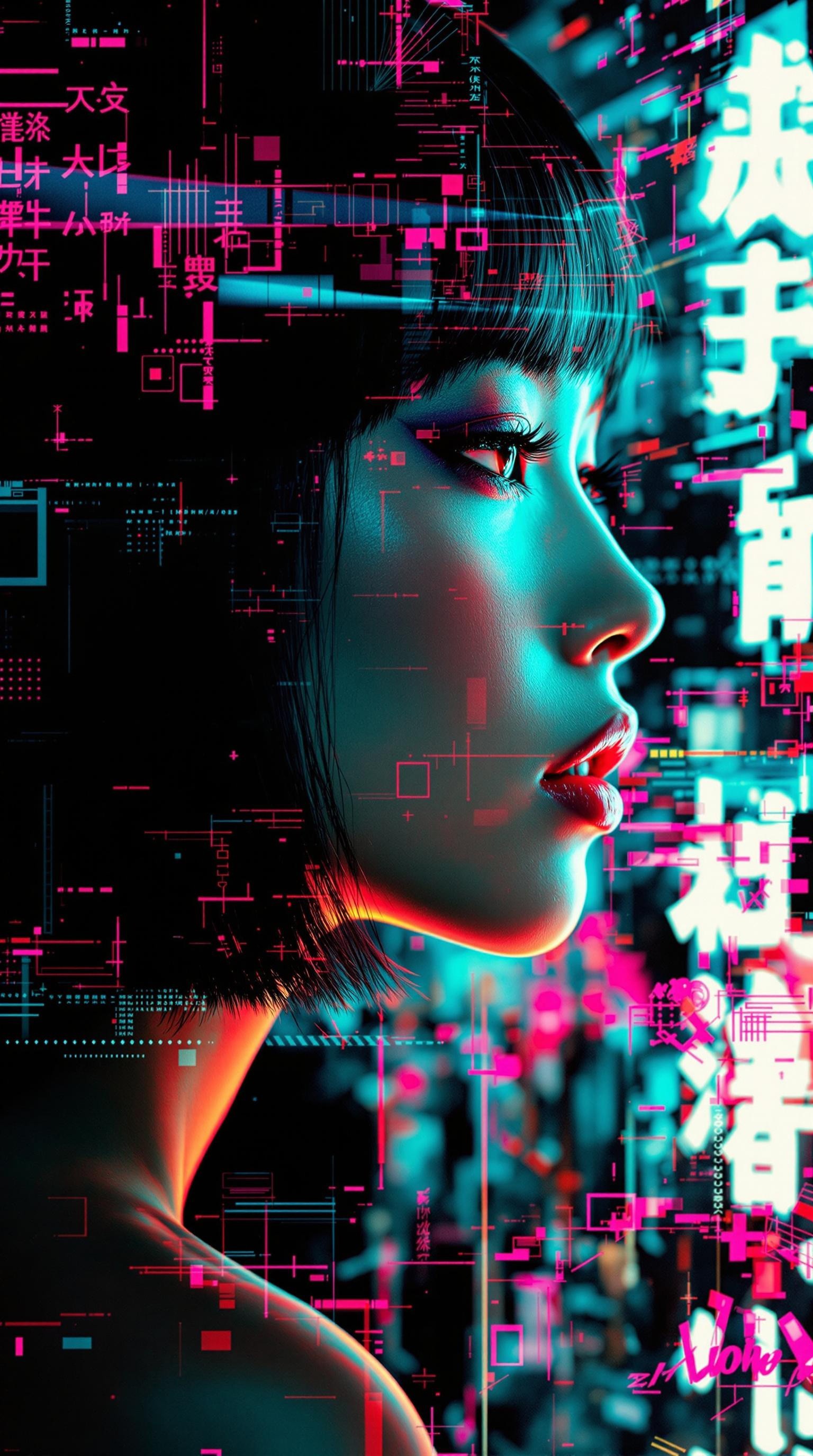 Rendered in bold, expressive pop-art style with abstract overlays, double exposure and halftone texturing, this side portrait captures a young Japanese woman in profile—her face half-shadowed, straight-cut hair luminous under streaks of simulated chrome and fuchsia neon. Her averted gaze and seductive expression pulse with a sultry, melancholic charge, while her eyelids are heavy with matte obsidian eyeshadow. The background melts into a hyper-stylized cyberspace collage: digitized kanji, shattered LED screens, and amorphous bursts of fluorescent ink swirling through a void of black glass. Inspired by Roy Lichtenstein and modern glitch aesthetics, the composition plays with erotic abstraction—fluid lines, skin-toned gradients, and warped reflections intertwine in a fusion of sensuality and surrealism