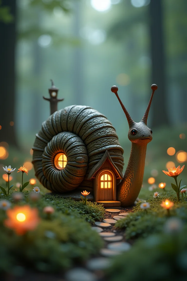 A hyper-realistic and surreal scene featuring a snails-shaped house in the middle of a forest. The surroundings are adorned with small flowers and glowing fireflies, adding a magical touch. The image is captured using tilt-shift photography, creating a dreamy, blurred background with a slight mist, enhancing the whimsical and fantastical atmosphere. The details of the snails house, the delicate flowers, and the fireflies are meticulously rendered, making it a captivating and enchanting visual experience. hyper-realistic, surreal, snails-shaped house, forest, small flowers, glowing fireflies, tilt-shift photography, dreamy, blurred background, slight mist, whimsical, fantastical, meticulously rendered, captivating, enchanting visual experience.