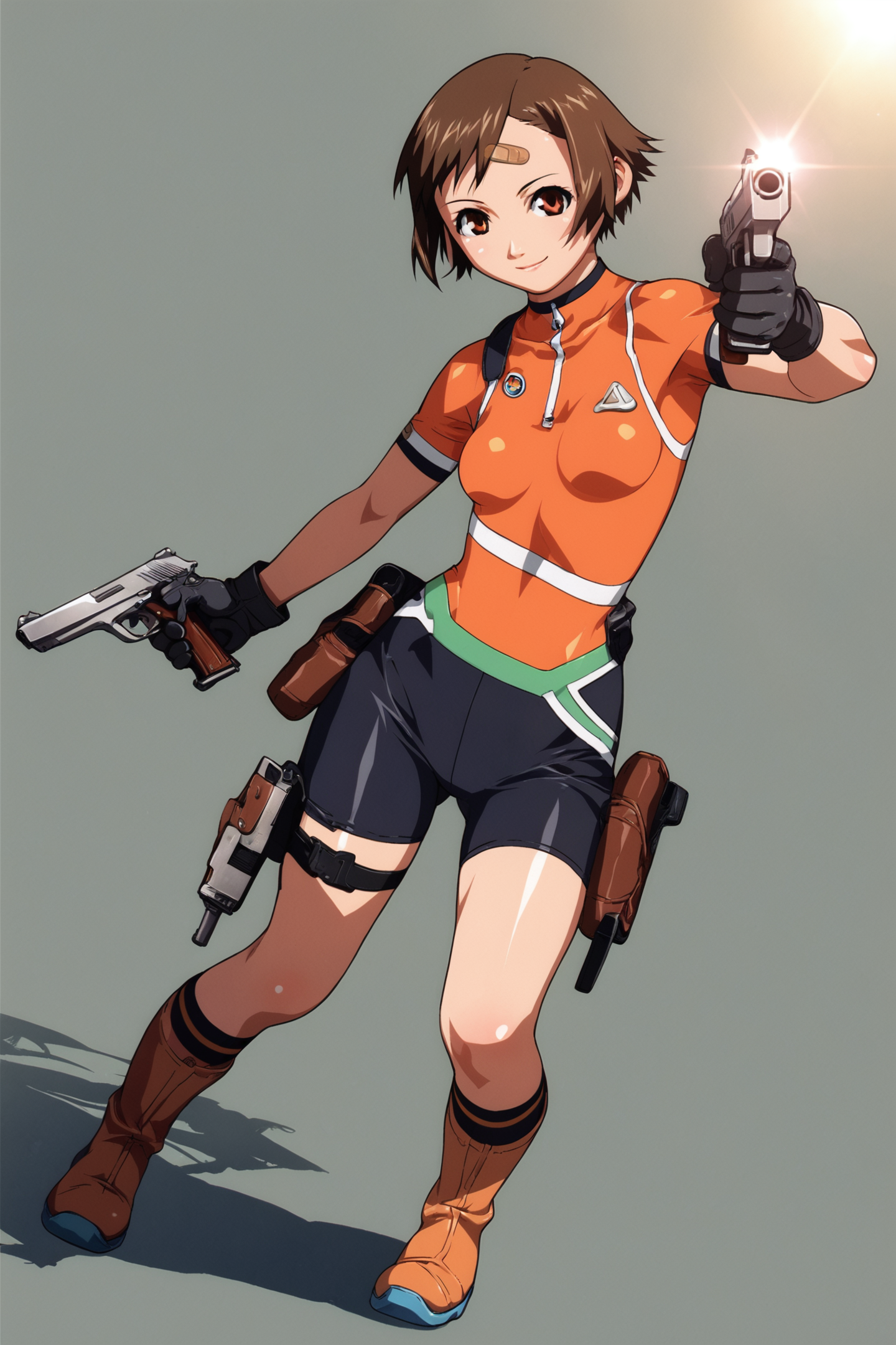 Asami Igarashi,1girl,solo,dual wielding,gun,bandaid,weapon,short hair,torn clothes,holding,handgun,gloves,bodysuit,boots,bandaid on leg,bandaid on forehead,lens flare,shadow,smile,bandaid on knee,breasts,socks,standing,brown hair,small breasts,bandaid on face,score_9,score_8_up,<lora:Yasuomi Umetsu_XL_PONY:0.8>,